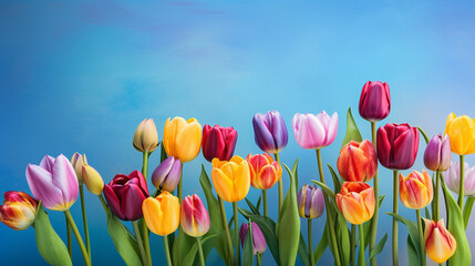 colorful tulip flowers on a blue background сreated with Generative Ai