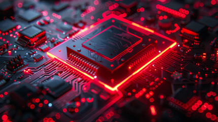 Close-up of a processor with neon red backlight. Installation of microchips, innovative methods. Technology concept.