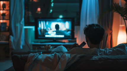 A young man sits with his back on the sofa watching TV with a remote control in his hands. A man is resting on the sofa. Vacation, weekend concept.