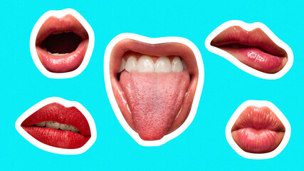 Contemporary art collage. Close-up of mouth with bright pink tongue sticking out in goofy grin. Concept of pop art, beauty, smiles, joy, laughter, positive emotion. Trendy magazine style.