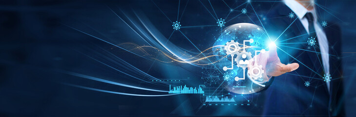 Knowledge management systems, Businessman touch the KM icon on the structure of the global network. Facilitating seamless and secure business operations in the era of global connectivity.