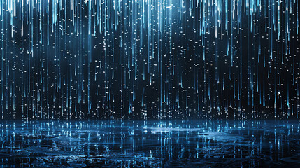 Abstract digital image of blue vertical lines on a dark background with bright spots suggesting digital rain - obrazy, fototapety, plakaty