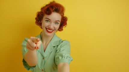 Woman Pointing with Bright Smile