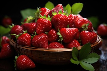 Fresh red strawberries inside a small basket on the dark table with red fruits, generative IA