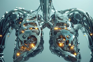 cybernetic lungs made of metal plates intelligence and innovation concept 3d rendering - obrazy, fototapety, plakaty
