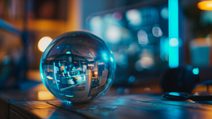 A glass ball is sitting on a table with a reflection of the room in it. The room is dimly lit, giving it a mysterious and intimate atmosphere - obrazy, fototapety, plakaty