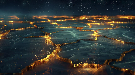 This portrayal showcases background resembling a frozen lake under starlight, with cracks filled with glowing gold. in a stunning visual representation.
