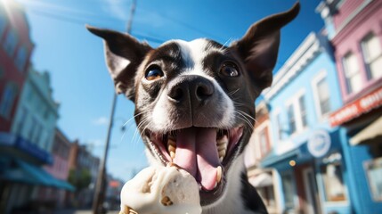 the joyous moment of a Boston Terrier dog savoring a scoop of vanilla ice cream on a sunny day - obrazy, fototapety, plakaty