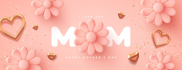 Fototapeta premium Mother's Day modern background with decor elements. 3d vector illustration.