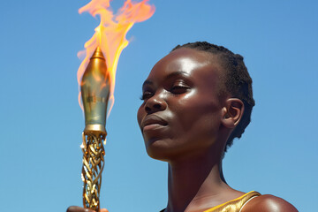 Woman athlete silhouette with torch marks start of global sports event at sunny day, torch keeper, dark skintone