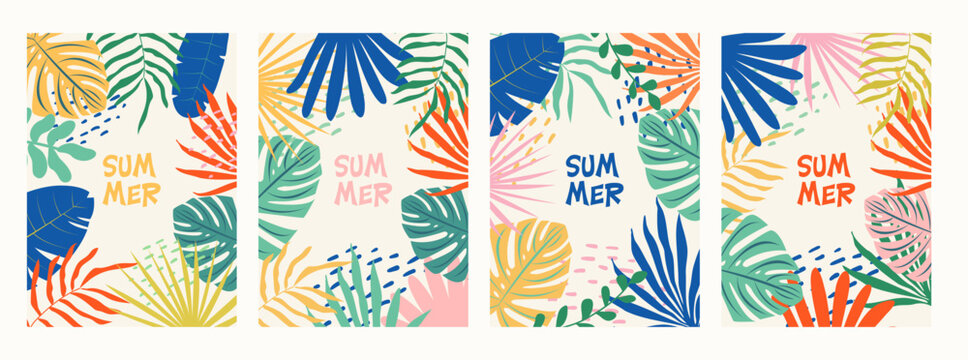 Set of colorful summer backgrounds with tropical palm leaves. Summer concept design. Botanical jungle leaves and floral frame for summer sale banners, poster, card. Modern trendy minimal design.