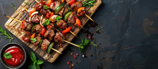 Beef shish kebab with vegetables and spices, grilled at home, served with barbecue sauce and...