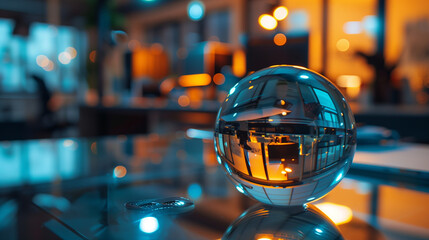 A glass ball is sitting on a table with a reflection of the room in it. The room is dimly lit, giving it a mysterious and intimate atmosphere - obrazy, fototapety, plakaty