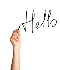 Hand holding a black pencil on a blank background inscription hello