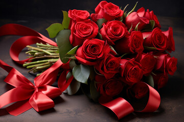 A classic bouquet of red roses tied with a romantic ribbon, symbolizing love сreated with Generative Ai