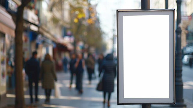 Blur city market background with blank ad frame for advertise product.