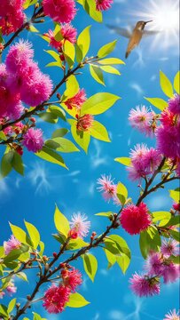 Graceful small birds fluttering among vibrant flowers and lush trees. Serene garden scene.