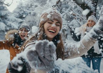 Young friends having fun in the winter forest, throwing snowballs at each other.