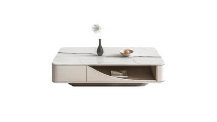 Coffee table, ultra-thin marble countertop, simple and stylish cabinet design, white background, high definition, 8k