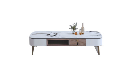 Coffee table, ultra-thin marble countertop, simple and stylish cabinet design, white background, high definition, 8k