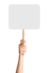 Hand holding wooden stick or blank protest sign on blank background