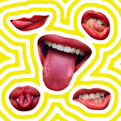 Contemporary art collage. Playful mix of mouths in pop art style. Some grin, some pout, all with...
