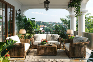 beautiful and luxury wicker outdoor furniture on the serene balcony. balcony garden with lush greenery and blooming flowers