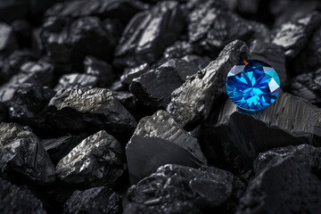 Blue sapphire on black stone background