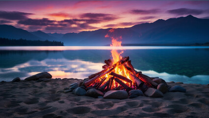 Glowing campfire by the lake. Sunset with open flames, fire, and logs. Camping on the beach at night. Serene lake landscape - Powered by Adobe