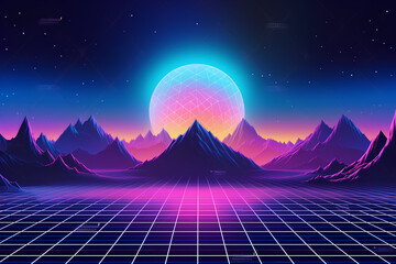 80s retro futuristic. mountain. neon. technology. fantasy