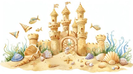 Sandcastle clipart adorned with seashells and seaweed