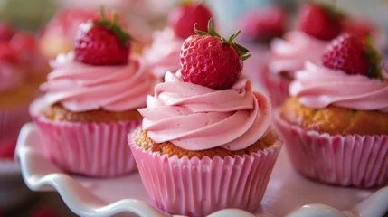 Rolgordijnen Cupcakes With Pink Frosting and Strawberries © Prostock-studio