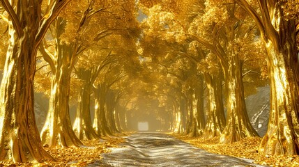A long road through a forest of golden trees - obrazy, fototapety, plakaty