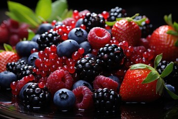 Several fresh fruits in summer, blueberries, currants, strawberries, blackberries,, generative IA