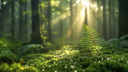 A serene widescreen image captures a solitary fern bathed in sunlight amidst a forest, symbolizing growth and tranquility, suitable for environmental themes