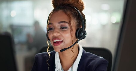 Happy woman, consultant and call center with headphones for online advice, support or customer service at office. Female person, employee agent or virtual assistant consulting with headset for help
