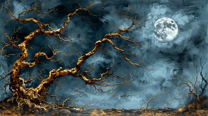 A large dead tree with gnarled branches is silhouetted against a stormy sky. The moon is full and bright.