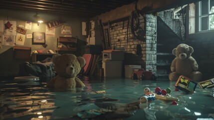 A basement play area with games and stuffed animals floating in dark water, the space claustrophobic and filled with rising damp - obrazy, fototapety, plakaty