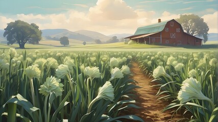 A stylized rendering of a close up of leeks growing on a farm, with a dreamy and ethereal quality that transports the viewer to a peaceful and idyllic countryside. - obrazy, fototapety, plakaty