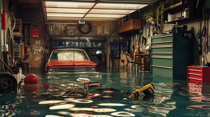 A garage with water reaching the tool racks, a car partially submerged, and various tools and sports equipment floating in disarray