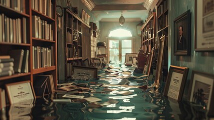 A hallway lined with bookshelves, books tumbling into the water, personal mementos and framed certificates floating by.