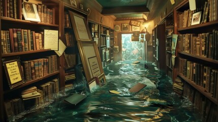 Fototapeta na wymiar A hallway lined with bookshelves, books tumbling into the water, personal mementos and framed certificates floating by.