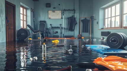 A home gym with equipment submerged and gym mats floating, water bottles and towels scattered around the flooded floor