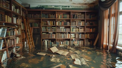 A home library with shelves partially submerged, rare books and manuscripts floating and swelling in the floodwater