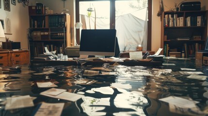 A home office deeply flooded, with a desk and computer submerged, paperwork floating and spreading ink into the surrounding water
