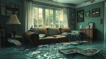 A somber scene of a living room with water up to the window sills, a couch and a lamp floating aimlessly, and family photos soaked and drifting