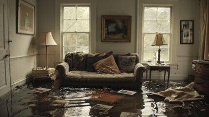 A somber scene of a living room with water up to the window sills, a couch and a lamp floating aimlessly, and family photos soaked and drifting