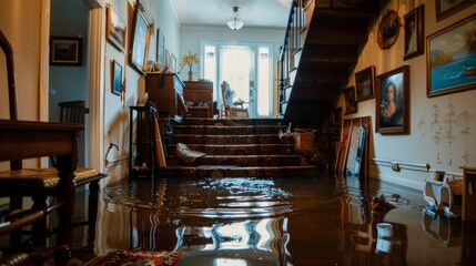 A staircase in a home with water halfway up, family portraits on the wall partially submerged, and decorative items floating past