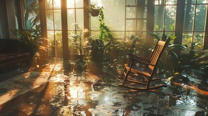 A sunroom with floor-to-ceiling windows showing the extent of outdoor flooding, indoor plants and a rocking chair floating in the eerie light