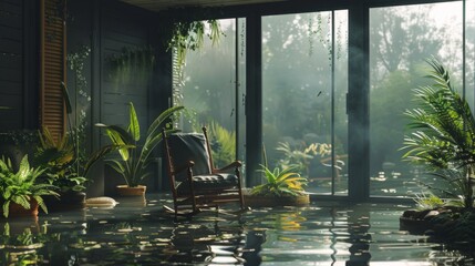 A sunroom with floor-to-ceiling windows showing the extent of outdoor flooding, indoor plants and a rocking chair floating in the eerie light